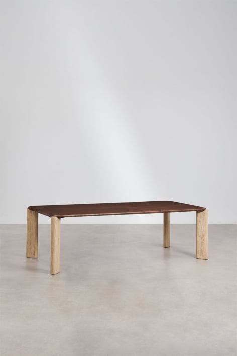 Mesa de comedor rectangular 230x110 cm en madera de mango y piedra natural Andeca - Madera de Mango Oscura - Travertino