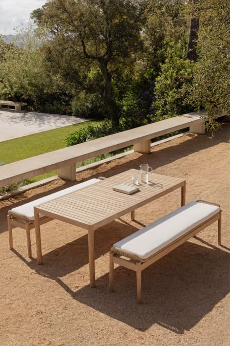 Set de mesa rectangular 180x90 cm y 2 bancos de jardín en madera de acacia y cuerda trenzada Karvia