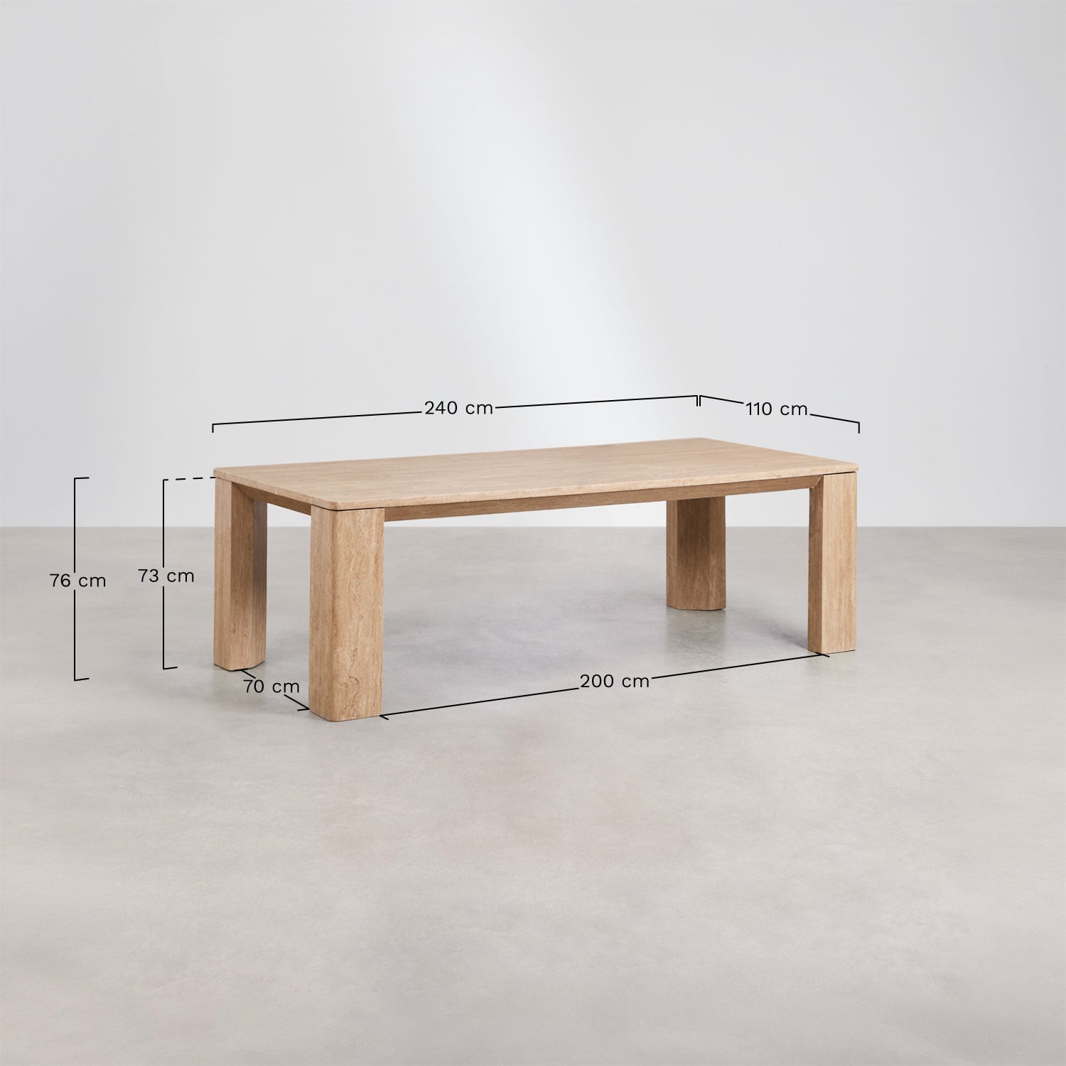 Mesa de comedor rectangular 240x110 cm en travertino Gundemar, medidas
