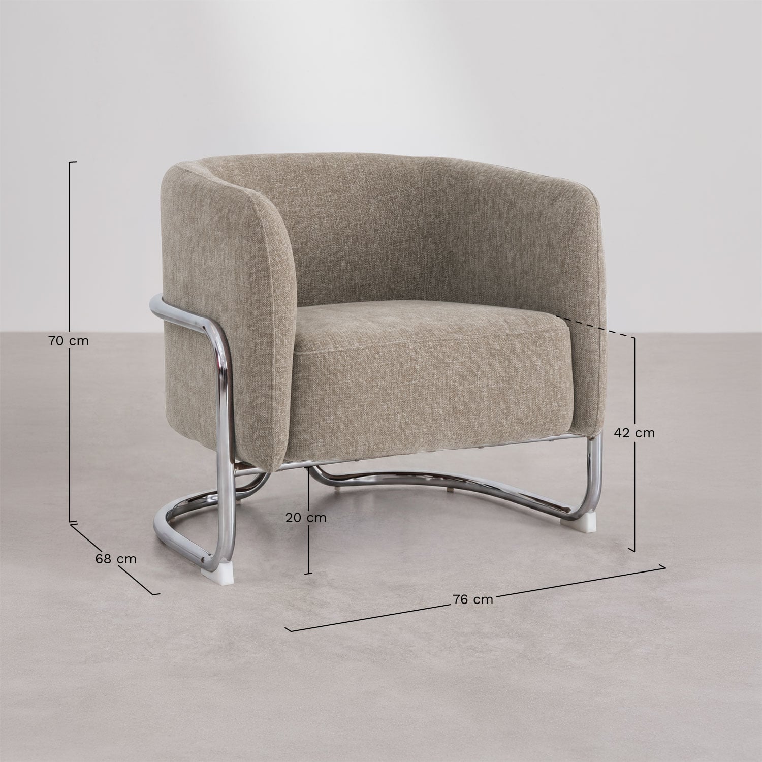 Sillón tapizado y en hierro Zantria, medidas