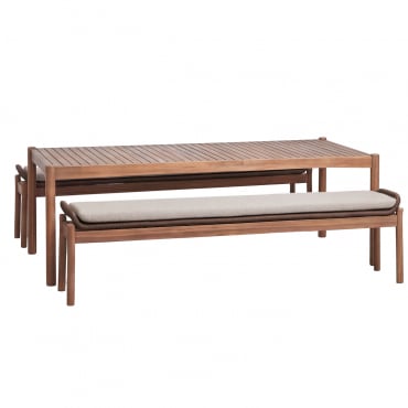 Set De Mesa Rectangular 180x90 Cm Y 2 Bancos De Jardín En Madera De Acacia Y Cuerda Trenzada Karvia Marrón Acacia & Tela Marrón Avellana - Sklum