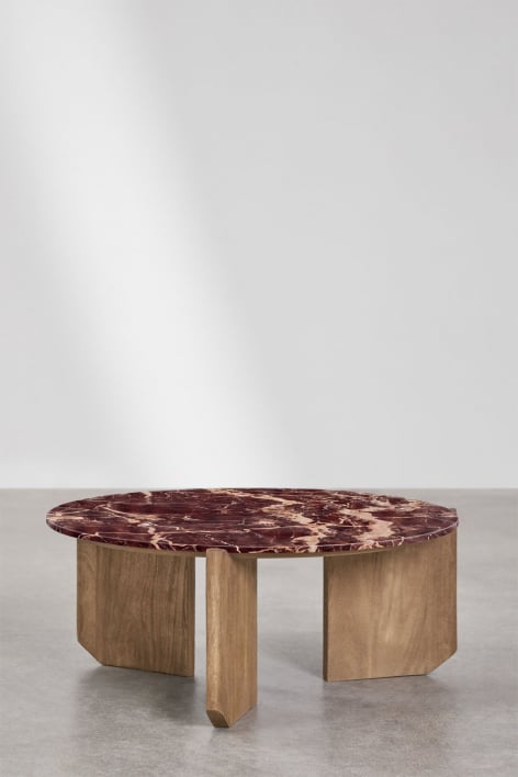 Mesa de centro redonda en piedra natural y madera de mango Lavinia - Mármol Rojo Cherry Gold