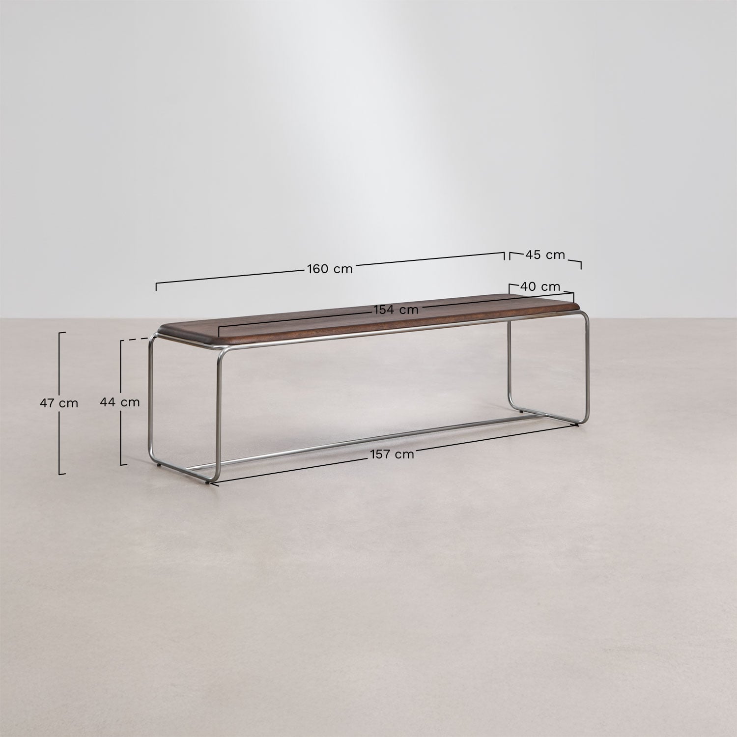 Banco 160 cm en madera de acacia y acero inoxidable Altrex, medidas