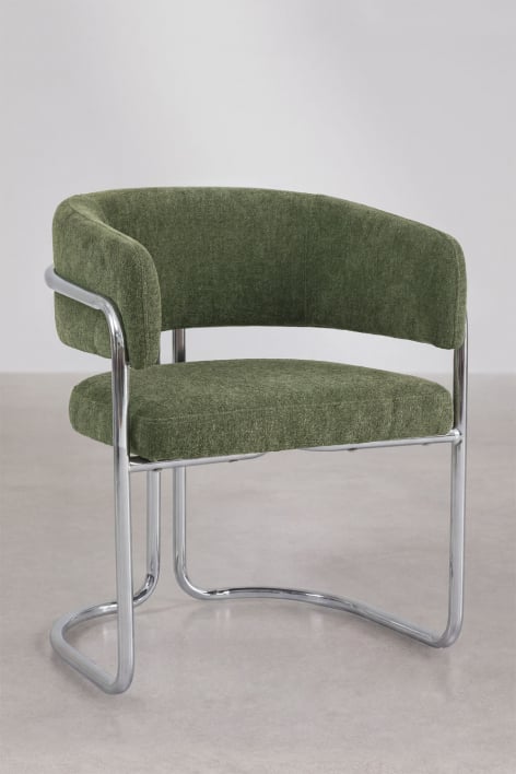 Silla de comedor con reposabrazos tapizada y en hierro Zantria - Chenilla Verde Salvia