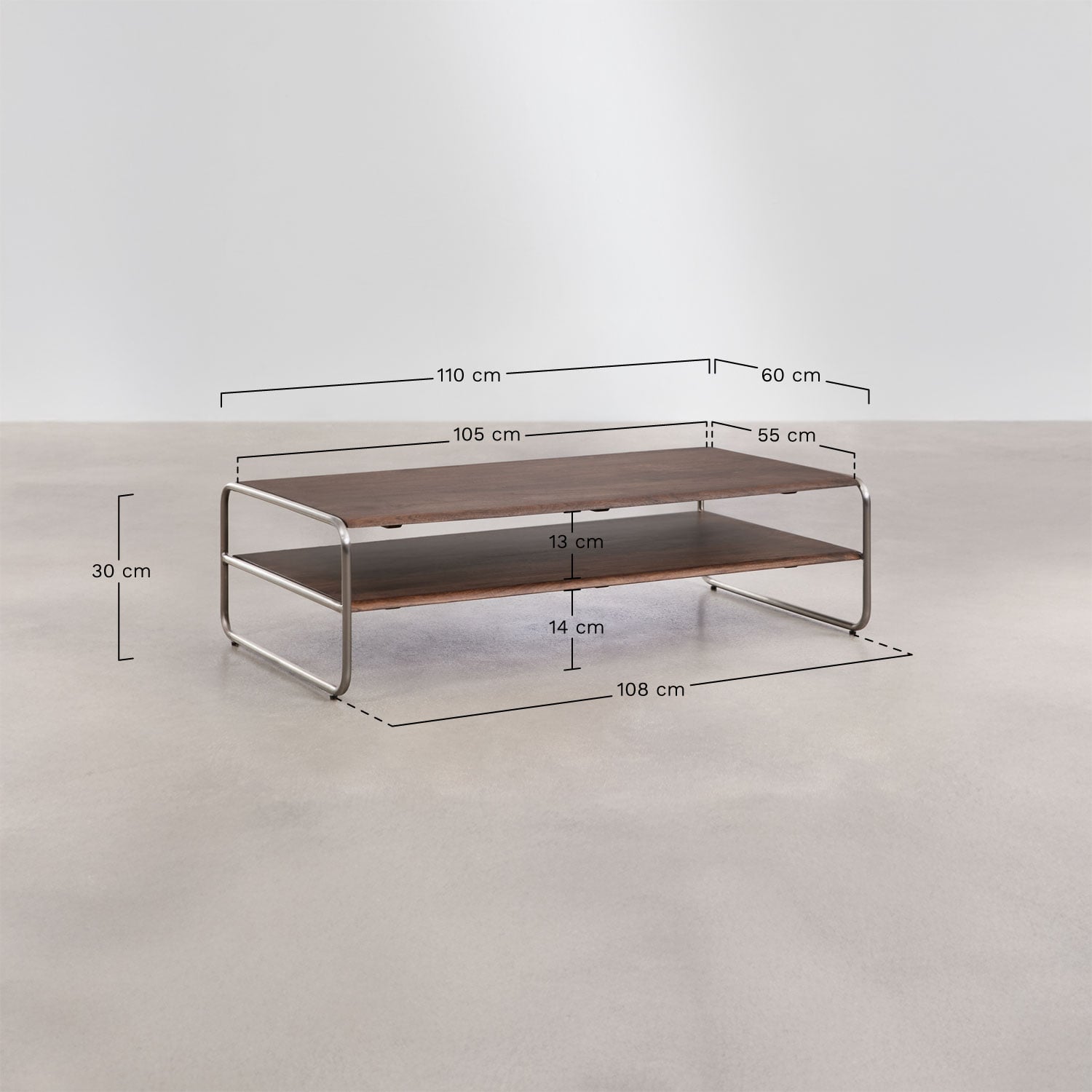 Mesa de centro en madera de acacia y acero inoxidable Altrex, medidas