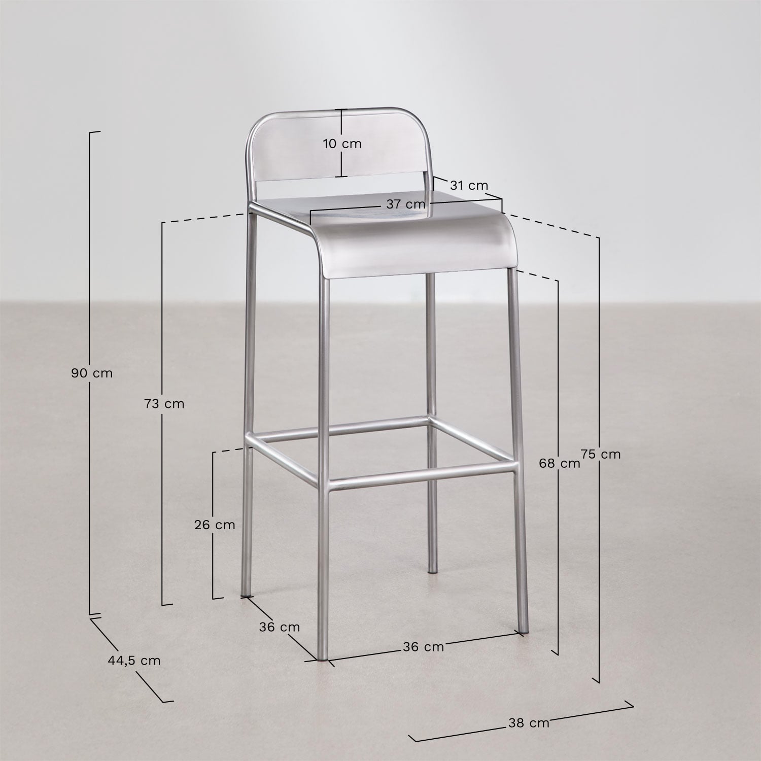 Pack de 2 taburetes altos en acero inoxidable Narnial, medidas
