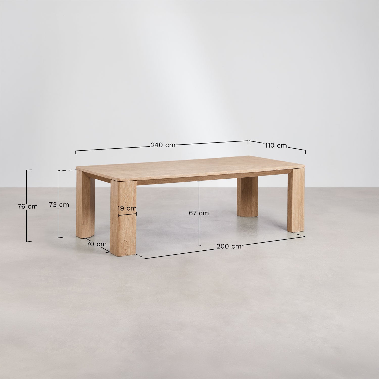 Mesa de comedor rectangular 240x110 cm en travertino Gundemar, medidas