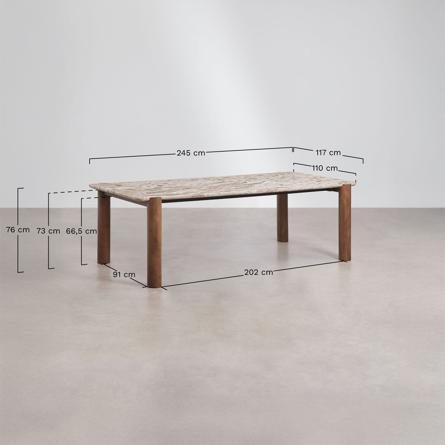Mesa de comedor rectangular 245x110 cm en madera de mango y mármol Oneca, medidas