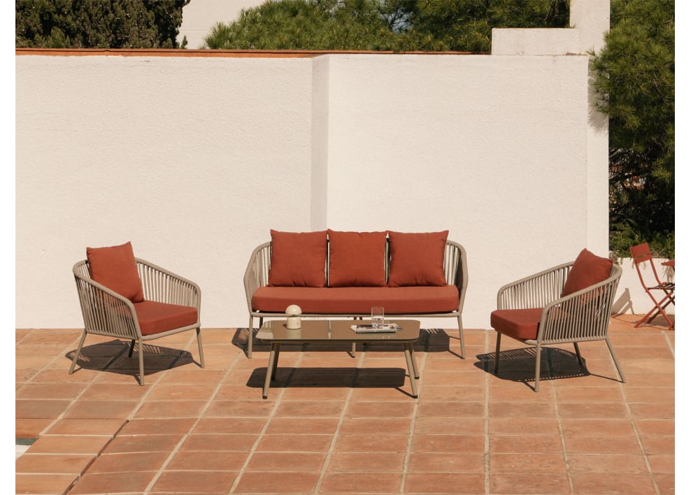 Conjunto de jardín con sofá de 2 plazas, 2 sillones en cuerda trenzada y mesa de centro Arhiza