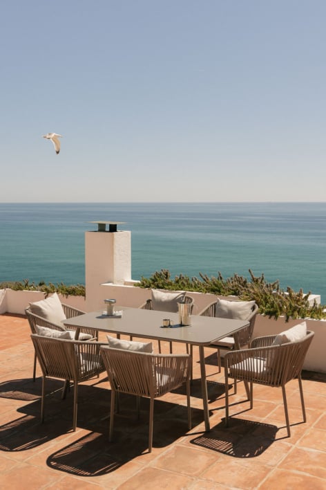 Set de mesa rectangular 160x90 cm y 6 sillas de jardín en cuerda trenzada Arhiza Classic