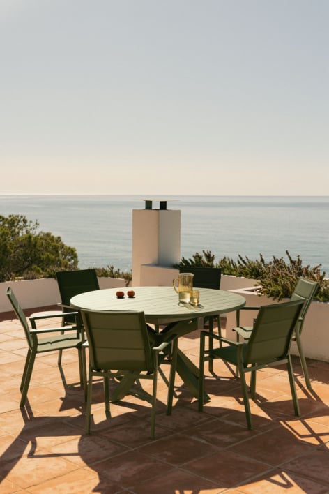 Set de mesa 145-200x145 cm extensible Barces y 6 sillas de jardín apilables con reposabrazos en aluminio Karena