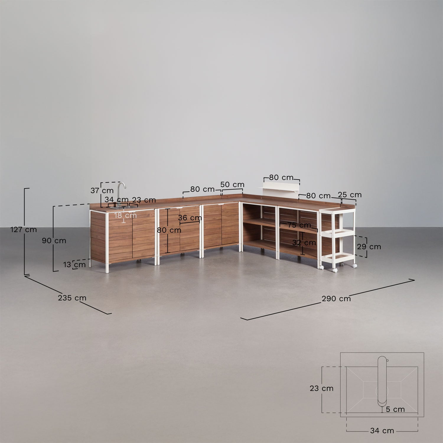 Cocina modular de exterior de 7 piezas con fregadero, panel organizador y almacenamiento en madera de acacia Reggie, medidas