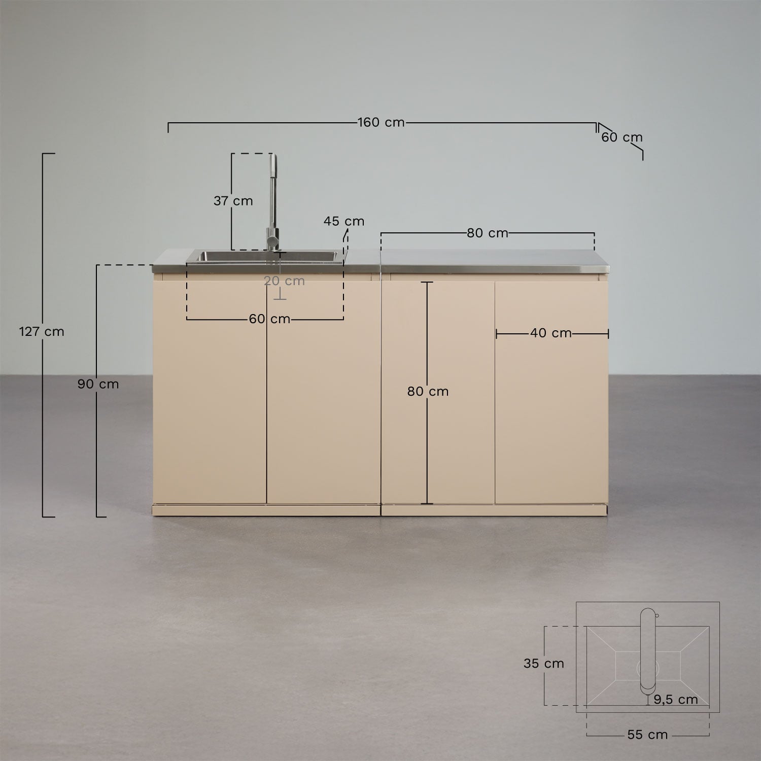 Cocina modular de exterior de 2 piezas con fregadero y almacenaje en acero Rivana, medidas