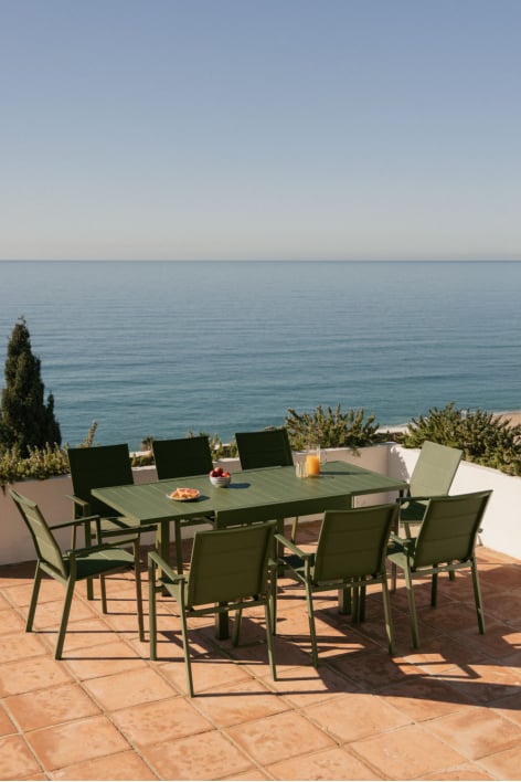 Set de mesa rectangular 90-180x90 cm extensible en aluminio Starmi y 8 sillas de jardín apilables en aluminio Karena