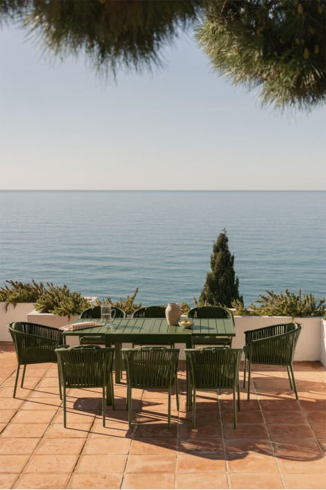 Set de mesa rectangular 90-180x90 cm extensible Starmi y 8 sillas de jardín apilables en aluminio y cuerda trenzada Ondina