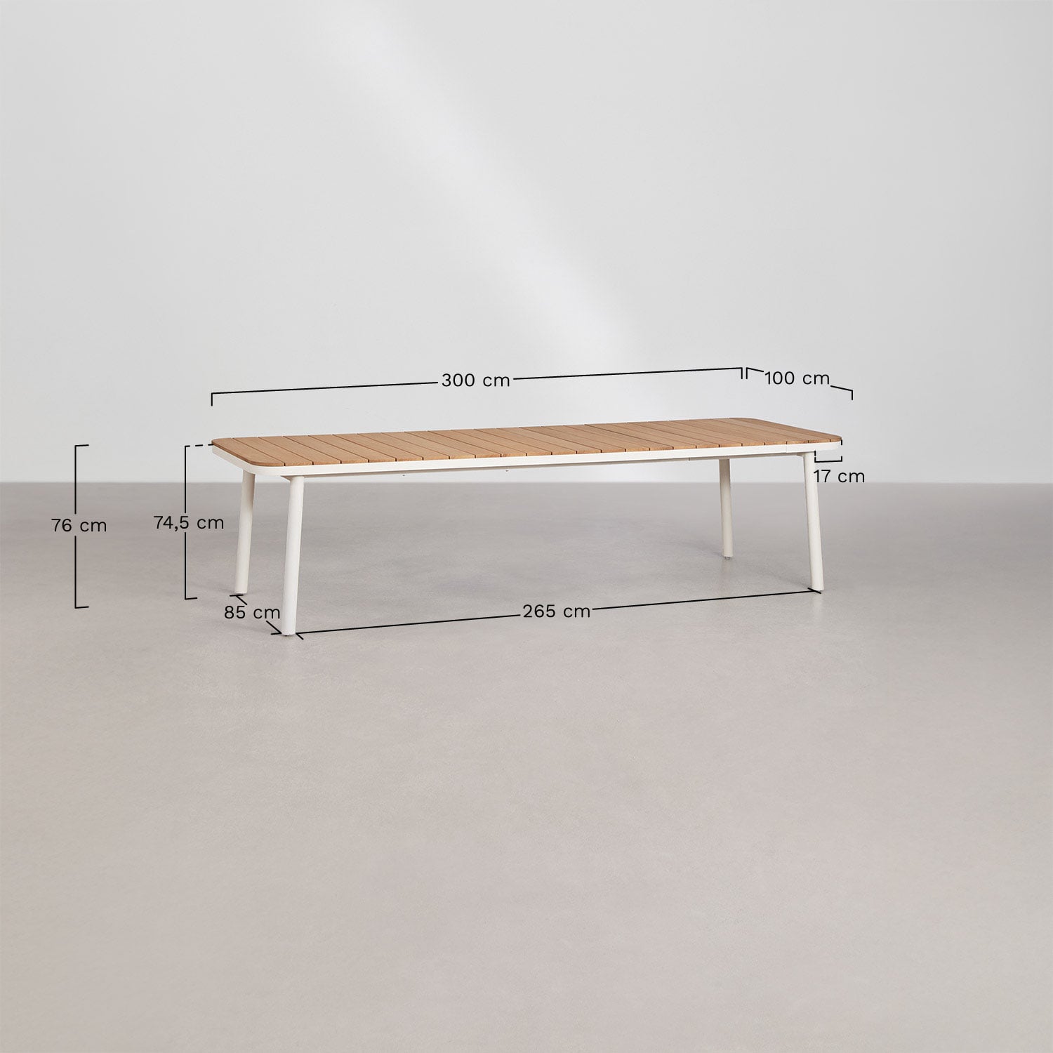 Set de mesa rectangular 240-300x100 cm extensible en aluminio Mareiran y 8 sillas de jardín apilables en acero Tossa, medidas