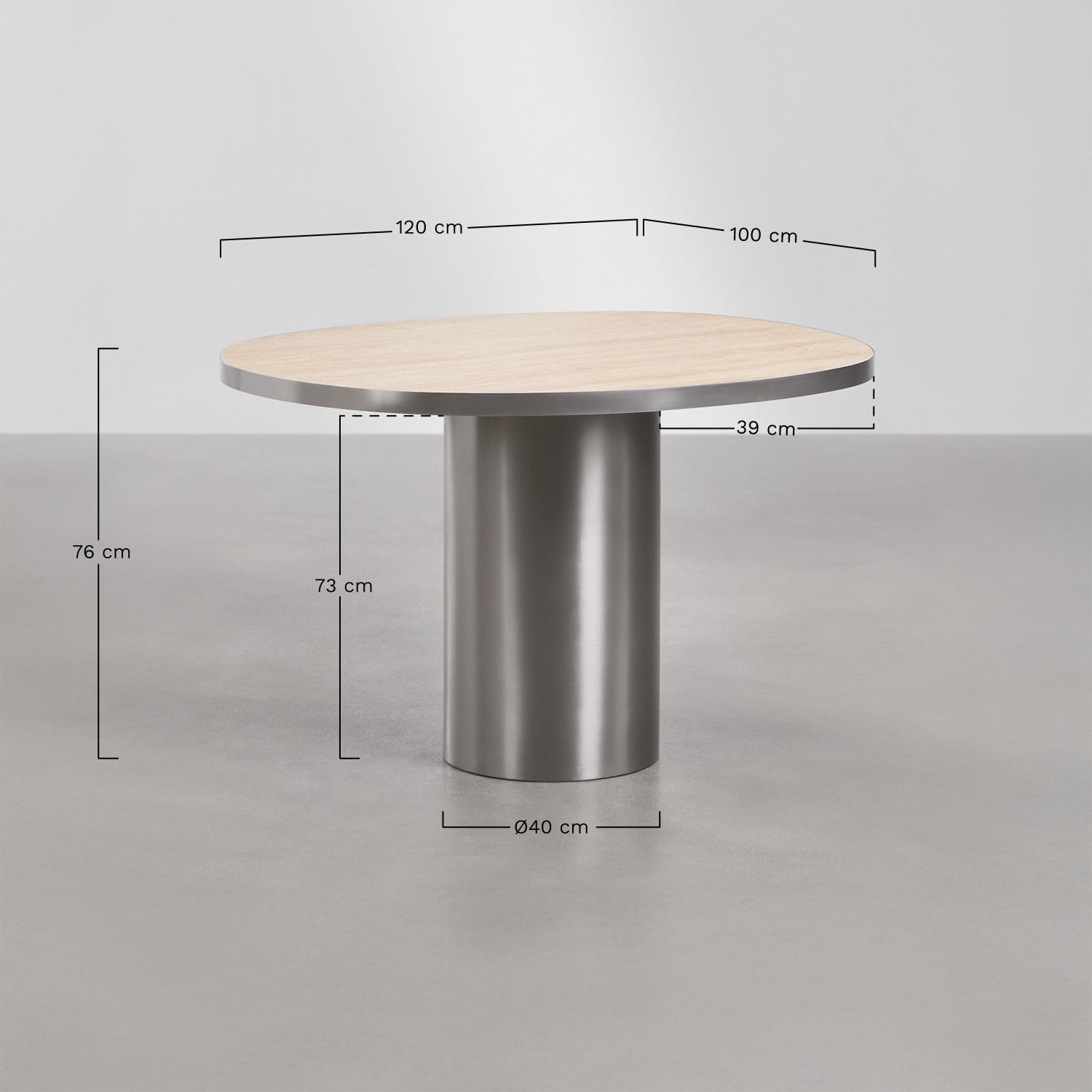 Mesa de comedor ovalada 120x100 cm en piedra natural y acero inoxidable Fertrix, medidas