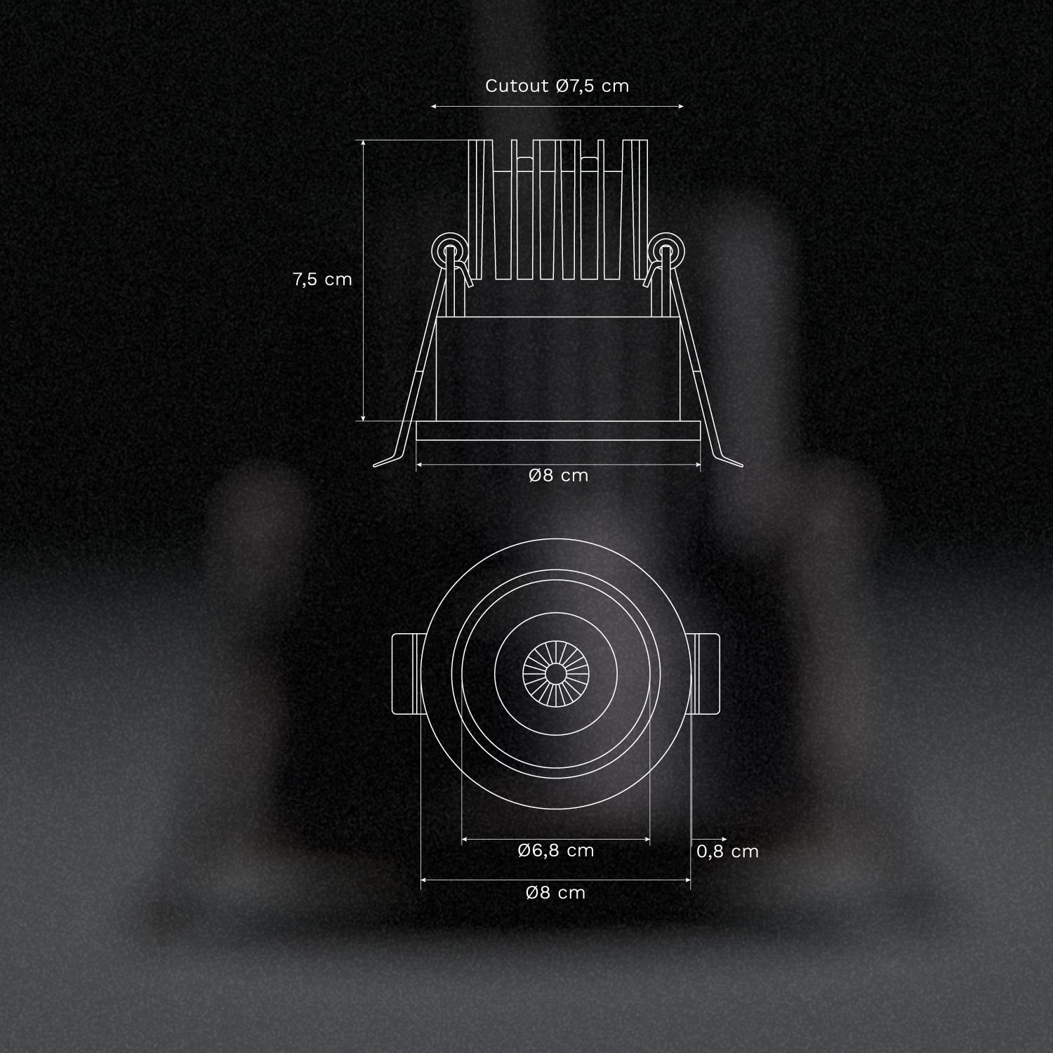 Pack de 2 downlights LED empotrables con marcos redondos Ø8 cm en aluminio Luisiana, medidas