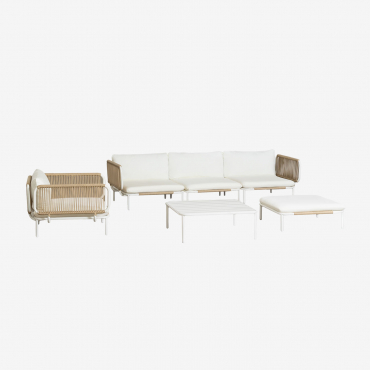 Conjunto De Jardín Con Sofá Modular De 3 Piezas Con 2 Módulos Esquineros, Puff, Sillón Y Mesa De Centro En Acero Roubly Beige Almendra - Sklum