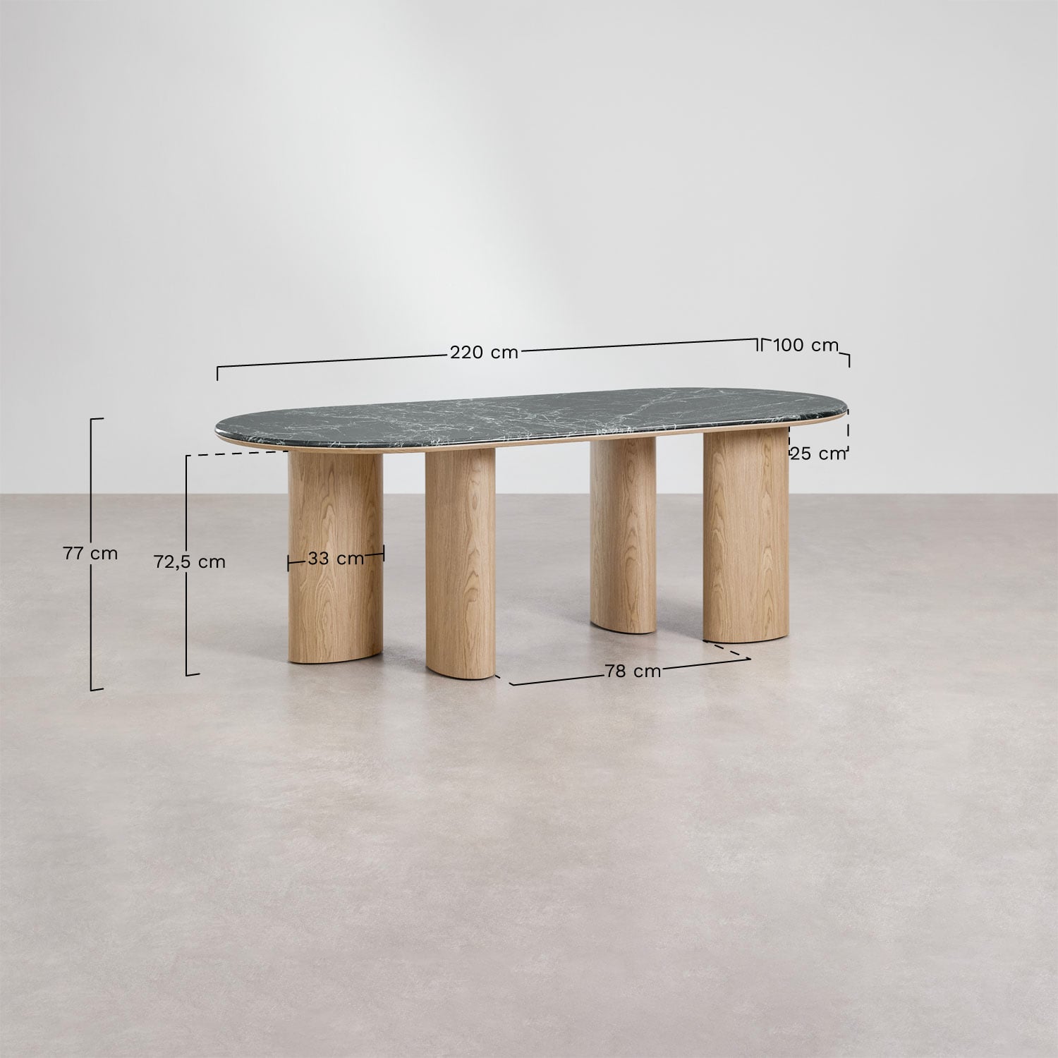 Mesa de comedor ovalada 220x100 cm en MDF y mármol Dayana, medidas