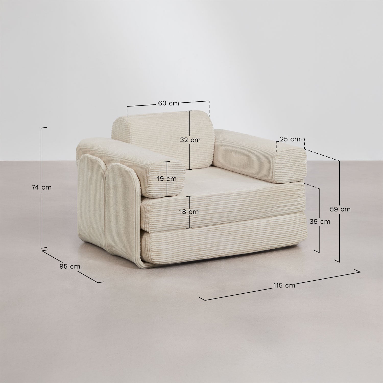 Pack de 2 sillones cama en pana envasados al vacío Paoly, medidas