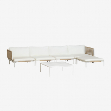 Conjunto De Jardín Con Sofá Modular Esquinero De 4 Piezas Con Mesa De Centro Y Puff En Acero Roubly Beige Almendra - Sklum
