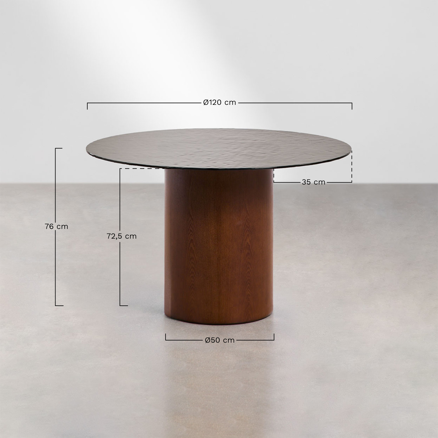 Mesa de comedor redonda Ø120 cm en vidrio templado y MDF Asgri, medidas