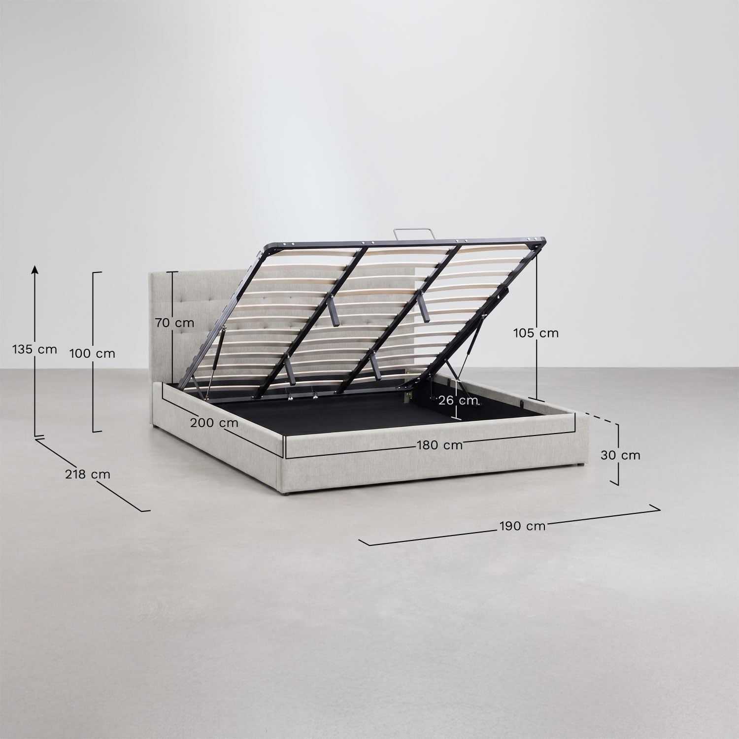 Cama con canapé abatible tapizada Abiel, medidas