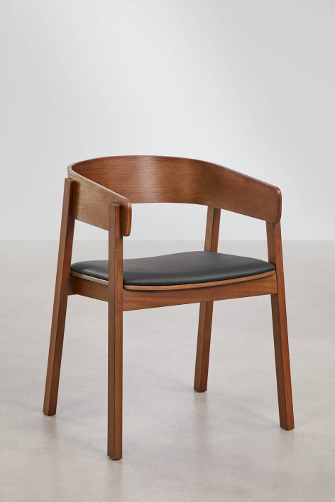 Silla de comedor con reposabrazos en madera de roble Olsen - Polipiel Negro