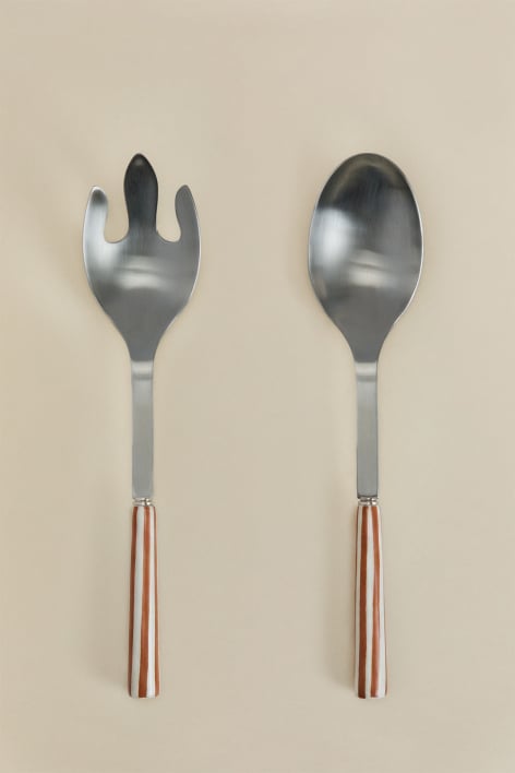 Set de 2 cubiertos para ensalada en acero inoxidable y cerámica Ireli - Terracota - Blanco