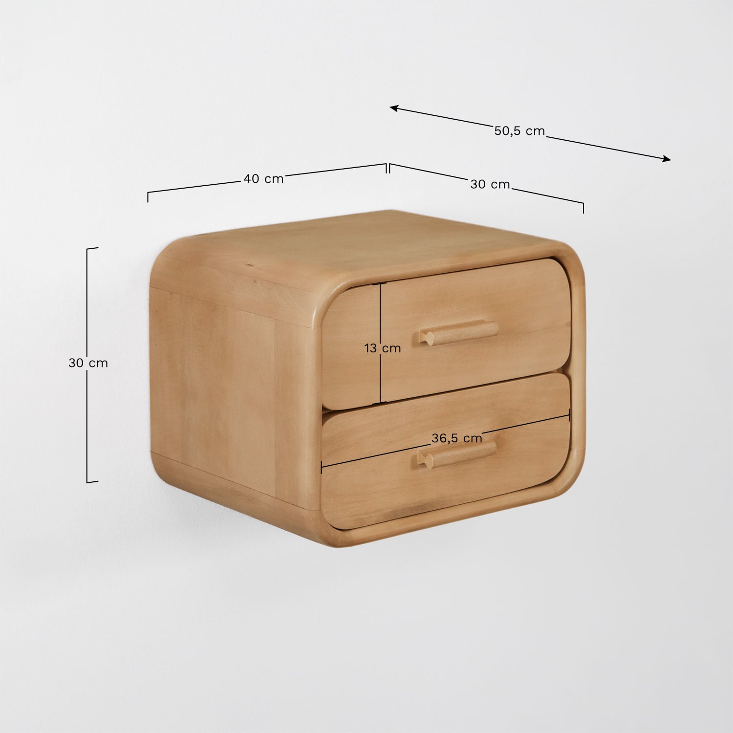 Mesita de noche rectangular flotante 40x30 cm en madera Aylin, medidas