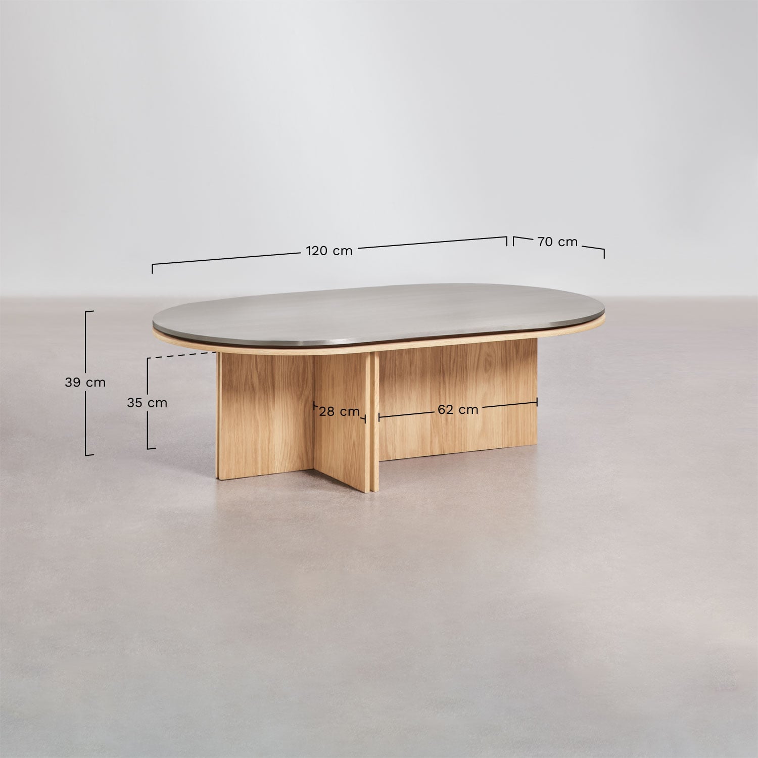 Mesa de centro ovalada 120x70 cm en chapa de roble y acero inoxidable Lindina , medidas
