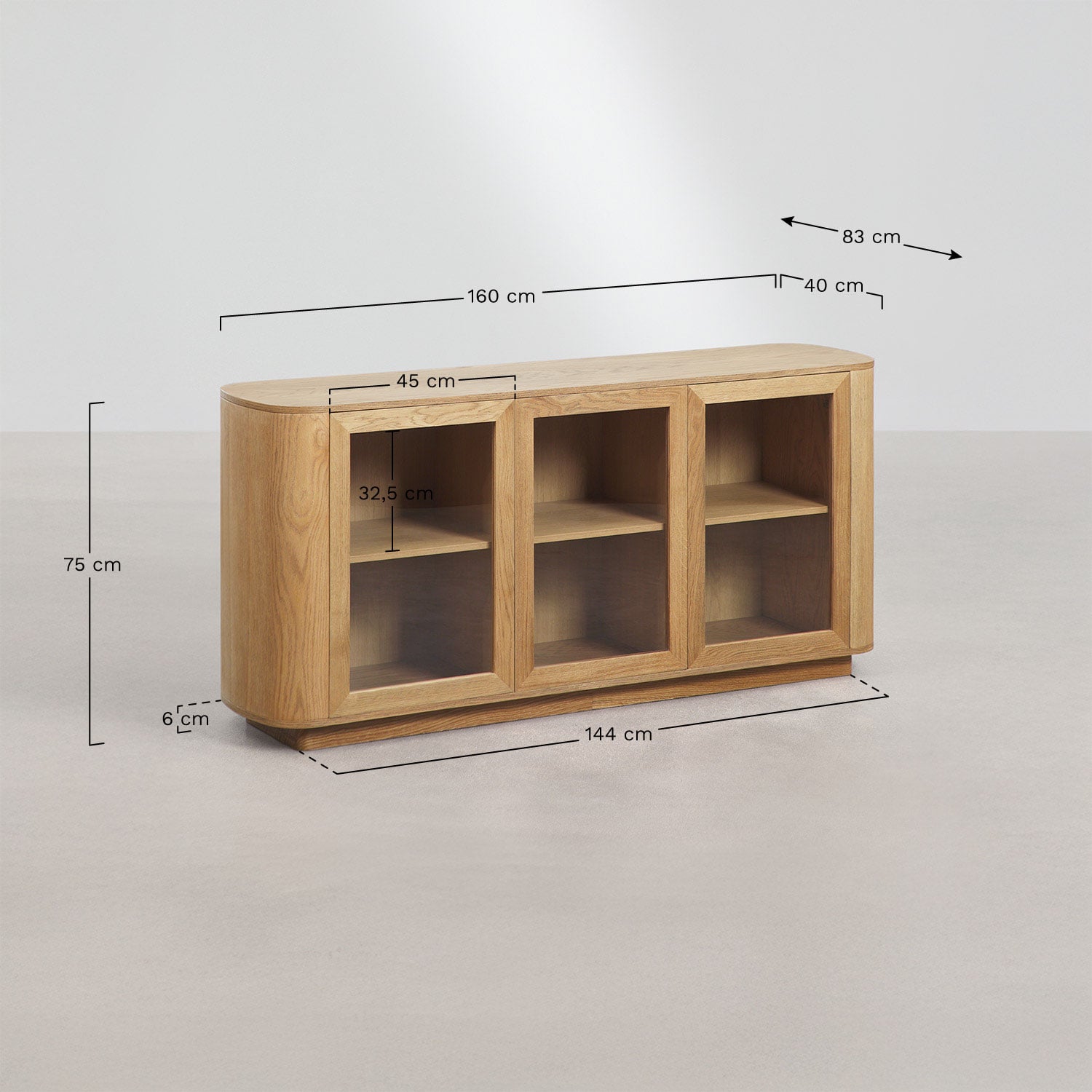 Aparador 160x75 cm en MDF y cristal templado Walia, medidas
