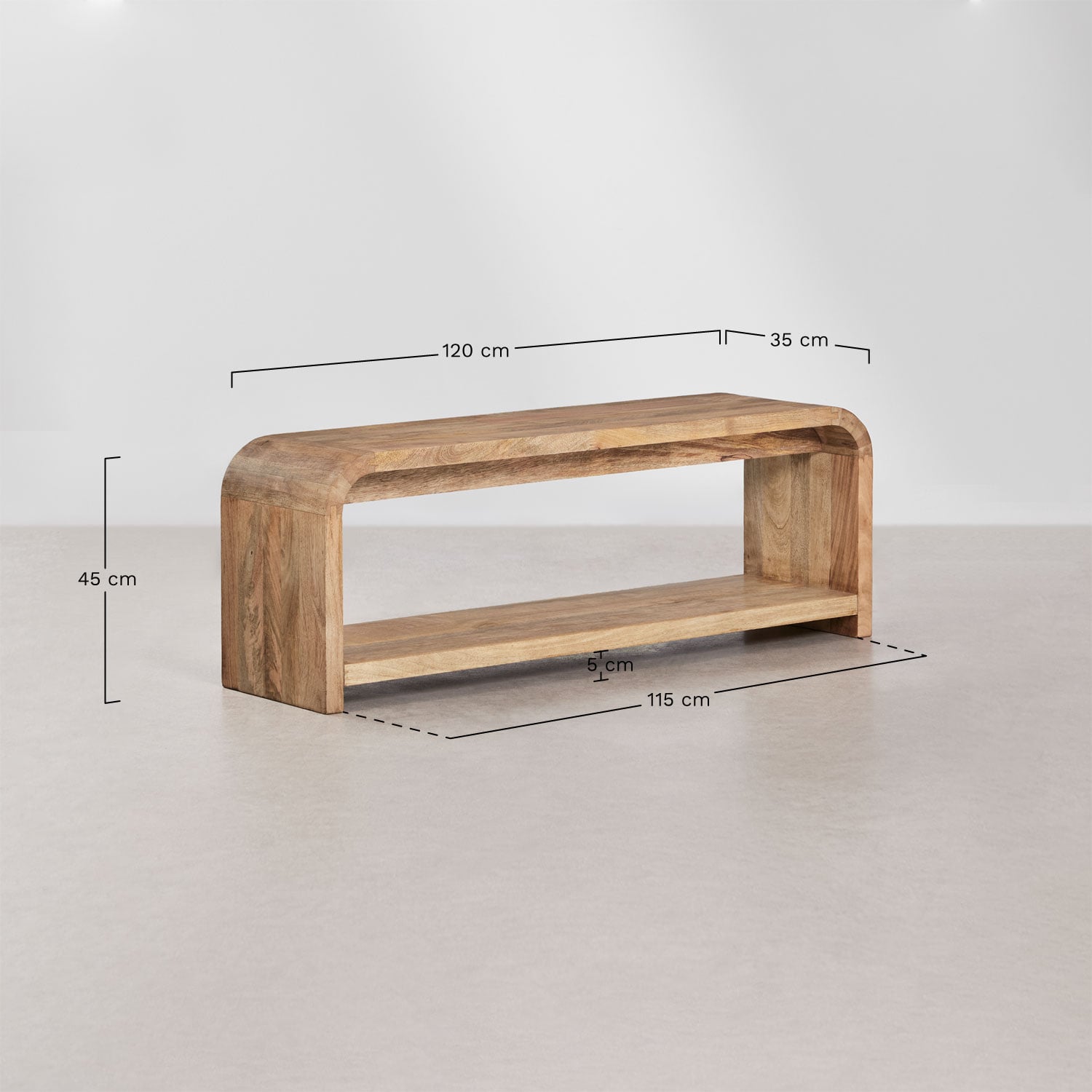 Mueble TV 120x35 cm en madera de mango Shelby, medidas