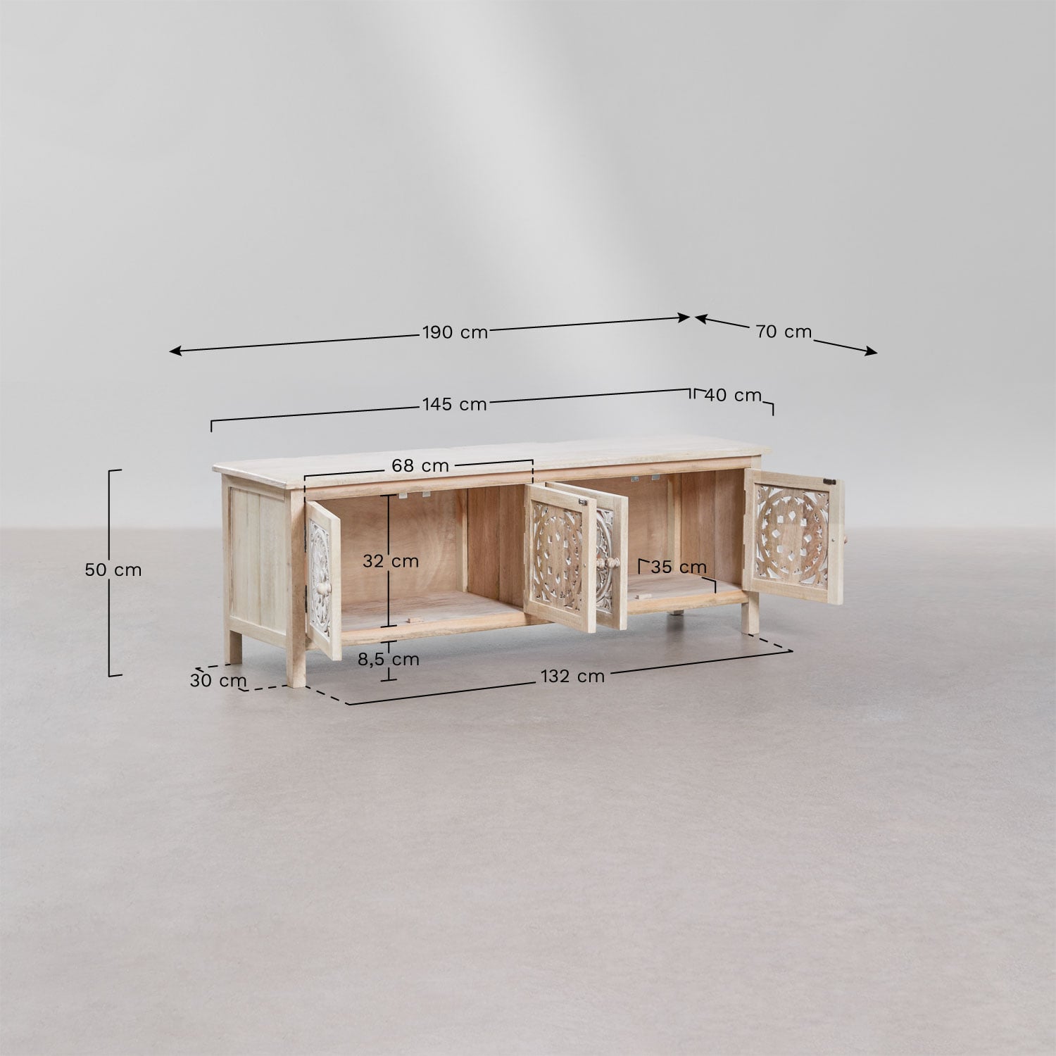 Mueble TV 145x40 cm en madera de mango Ardel, medidas