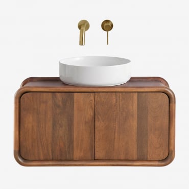 Conjunto De Mueble De Baño Suspendido En Madera De Mango Maupaul Madera Mango Oscura & Redondo Cerámica Blanco Ø40 Cm Lenka - Sklum