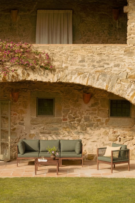 Conjunto de jardín con sofá modular de 3 piezas con reposabrazos, sillón y mesa de centro en madera de acacia Branson