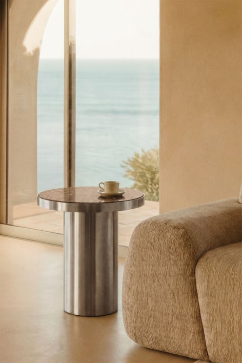 Mesa auxiliar 45x40 cm en piedra natural y acero inoxidable Fertrix - Mármol Marrón Emperador
