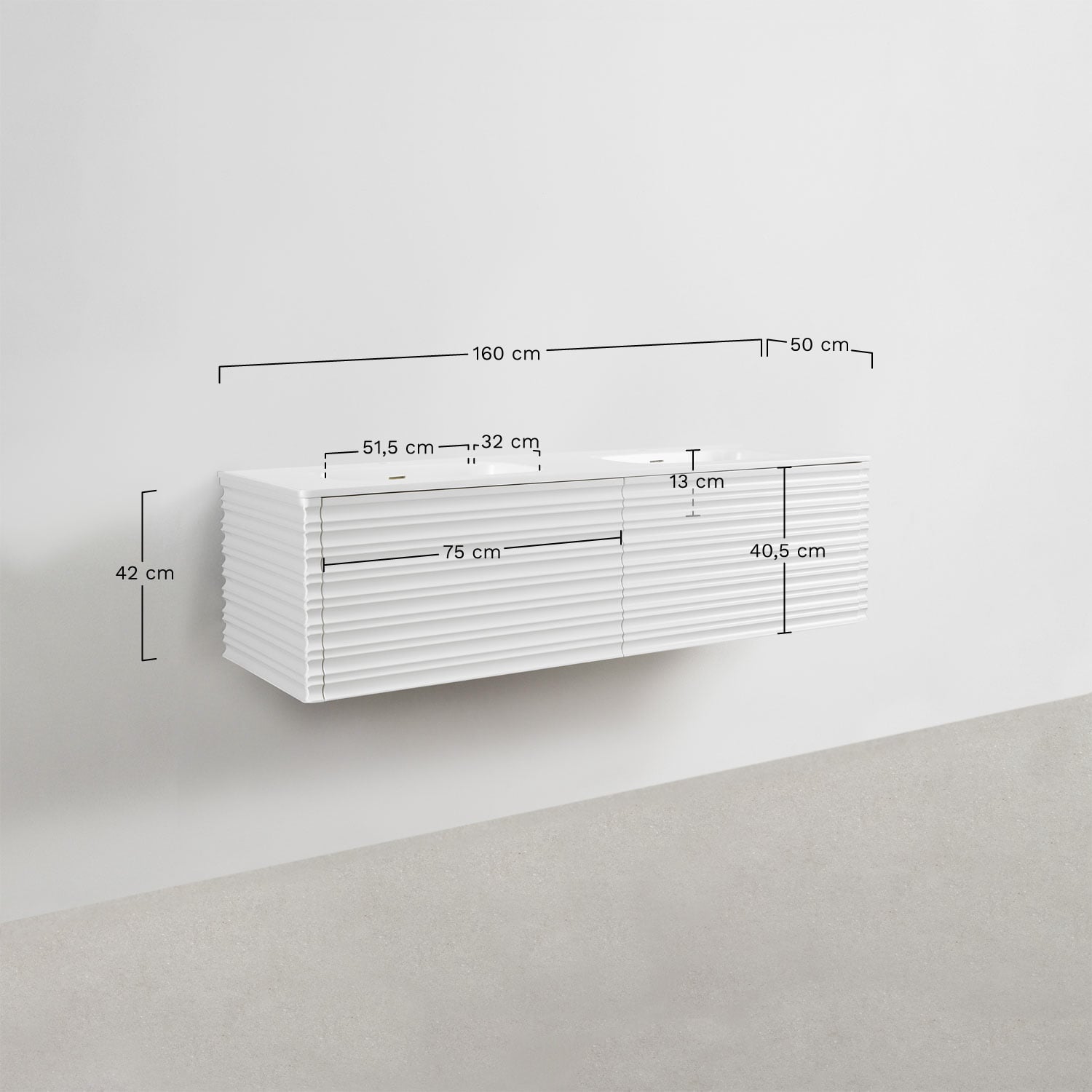 Conjunto de mueble de baño suspendido 160x50 cm en madera con lavabos integrados Noura, medidas