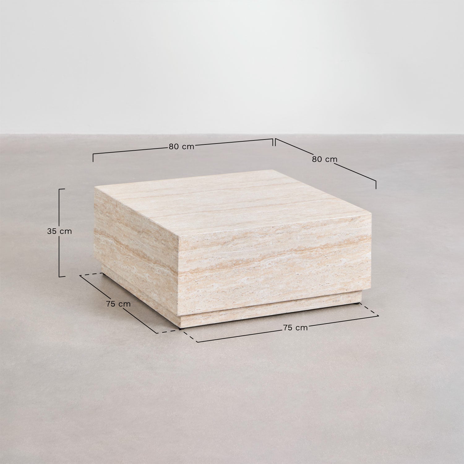 Mesa de centro para jardín cuadrada 80x80 cm en cemento look travertino Imala, medidas
