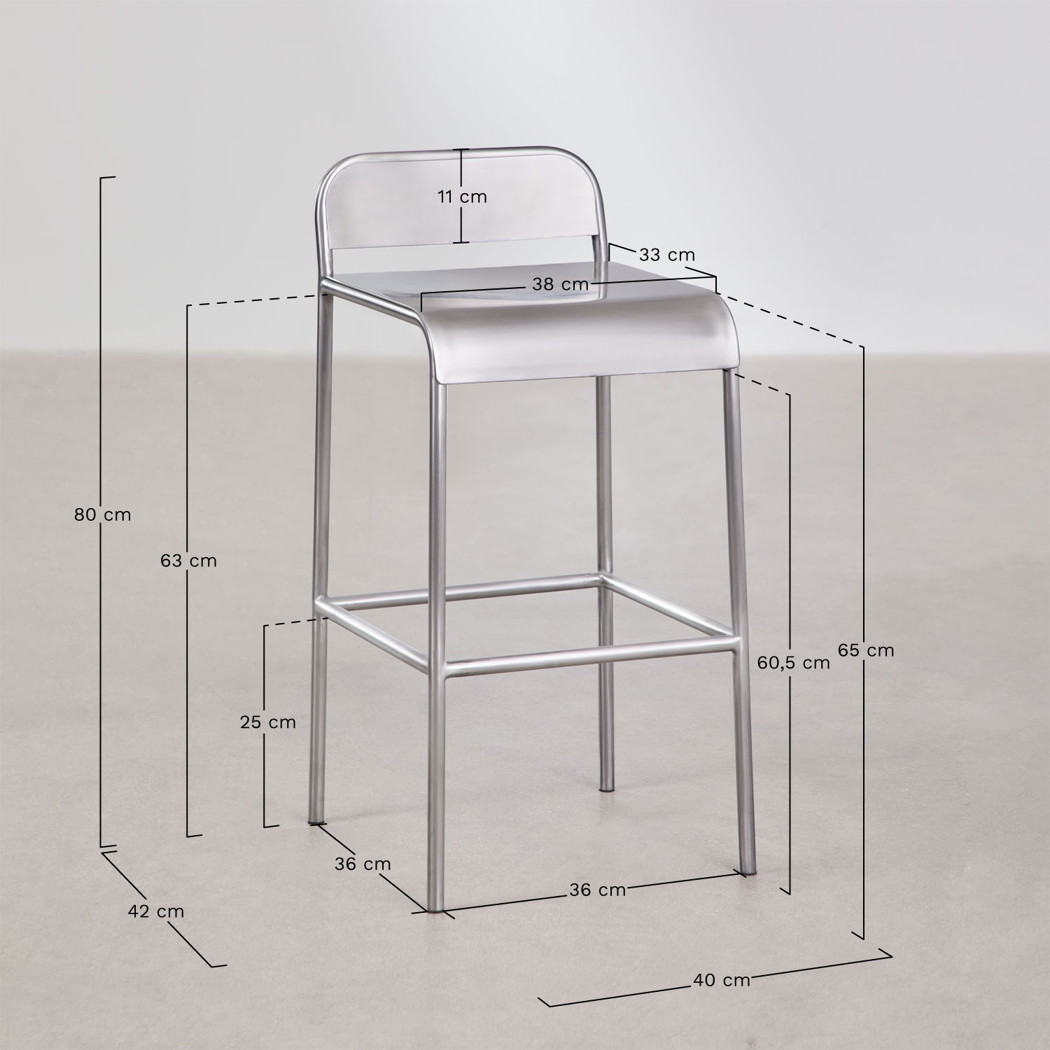 Pack de 2 taburetes altos en acero inoxidable Narnial, medidas