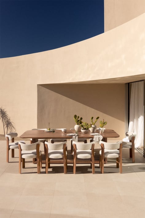 Set de mesa rectangular 265x120 cm en madera de acacia Siena y 10 sillas de jardín en madera de acacia y tela bouclé Milos