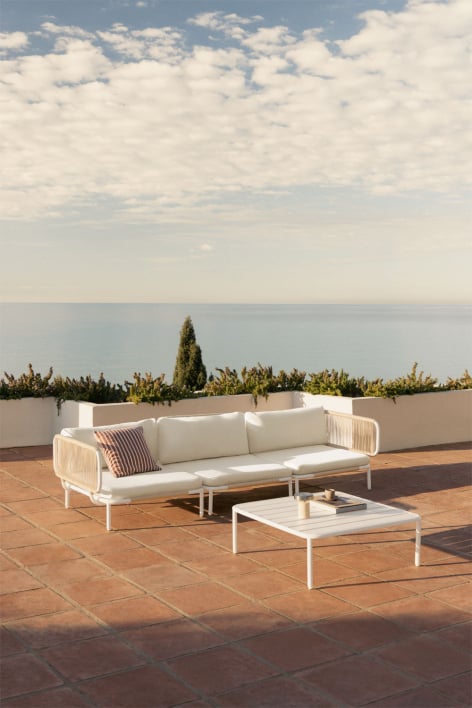 Conjunto de jardín con sofá modular de 3 piezas con 2 módulos esquineros y mesa de centro en acero Roubly