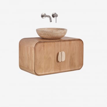 Conjunto De Mueble De Baño Suspendido 95x45 Cm En Madera De Mango Y Piedra Natural Kivalina Travertino - Madera De Mango & Redondo Travertino - Sklum
