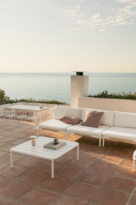 Conjunto de jardín con sofá modular esquinero de 3 piezas y mesa de centro en acero Roubly