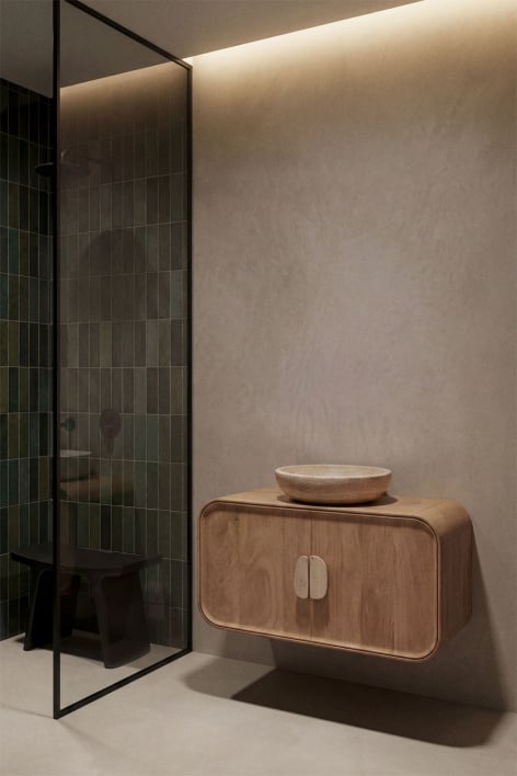 Conjunto de mueble de baño suspendido 95x45 cm en madera de mango y piedra natural Kivalina - Travertino - Madera de Mango