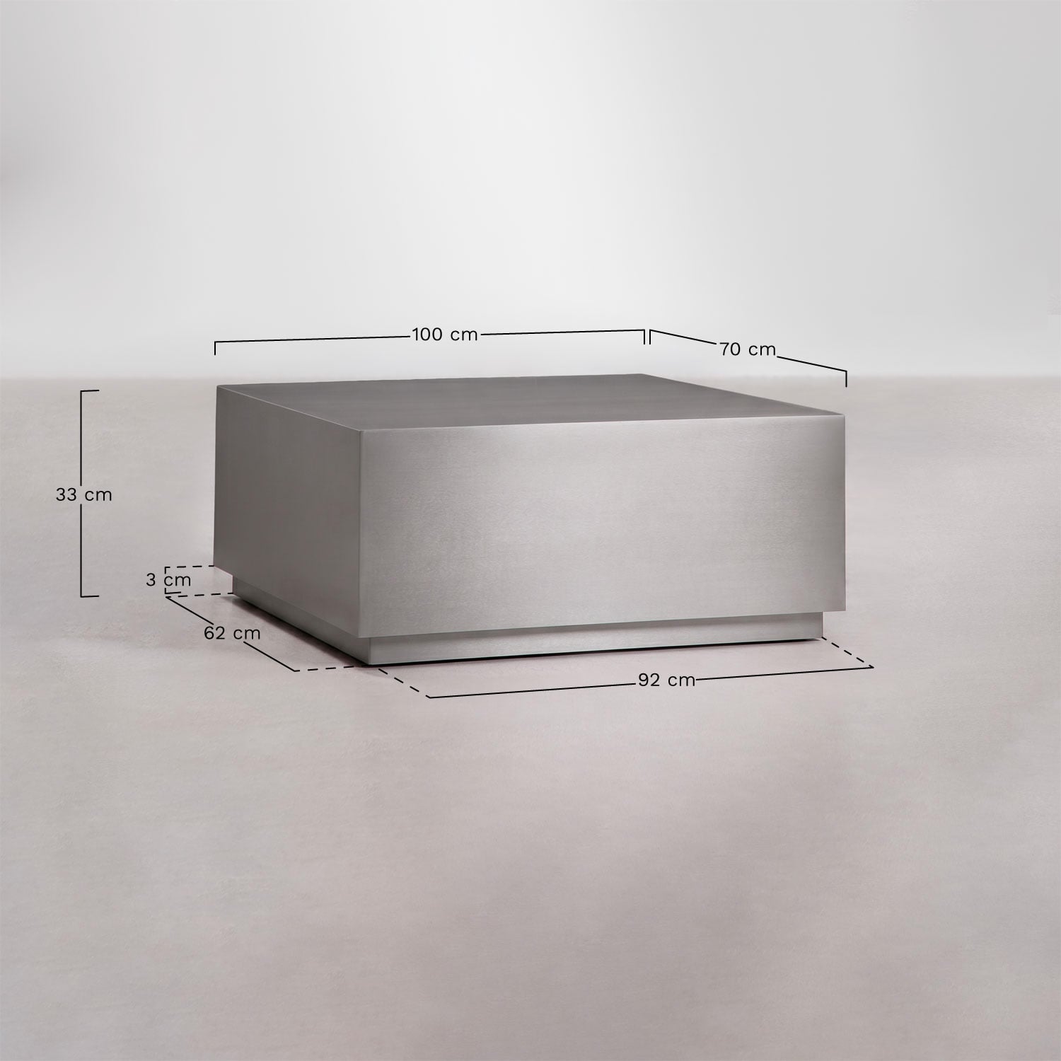 Mesa de centro rectangular 100x70 cm en acero inoxidable Iuraima, medidas