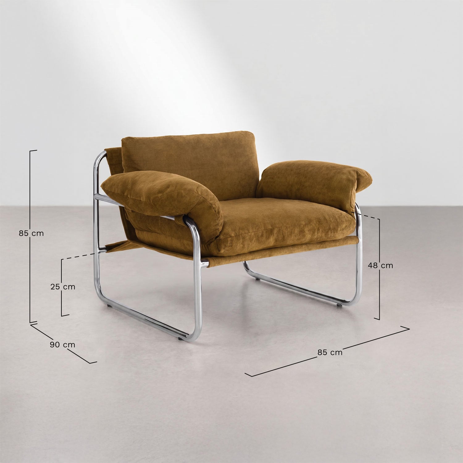 Sillón en chenilla y hierro Evani, medidas