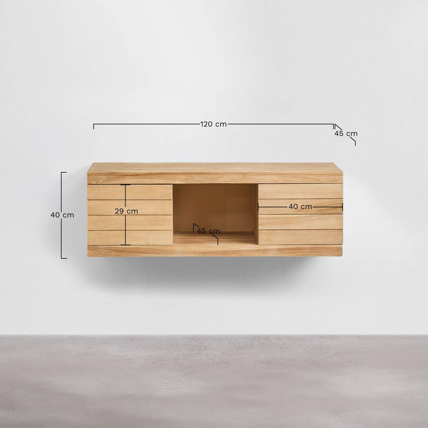 Conjunto de mueble de baño suspendido 120x45 cm en madera de teca Olyvanna, medidas