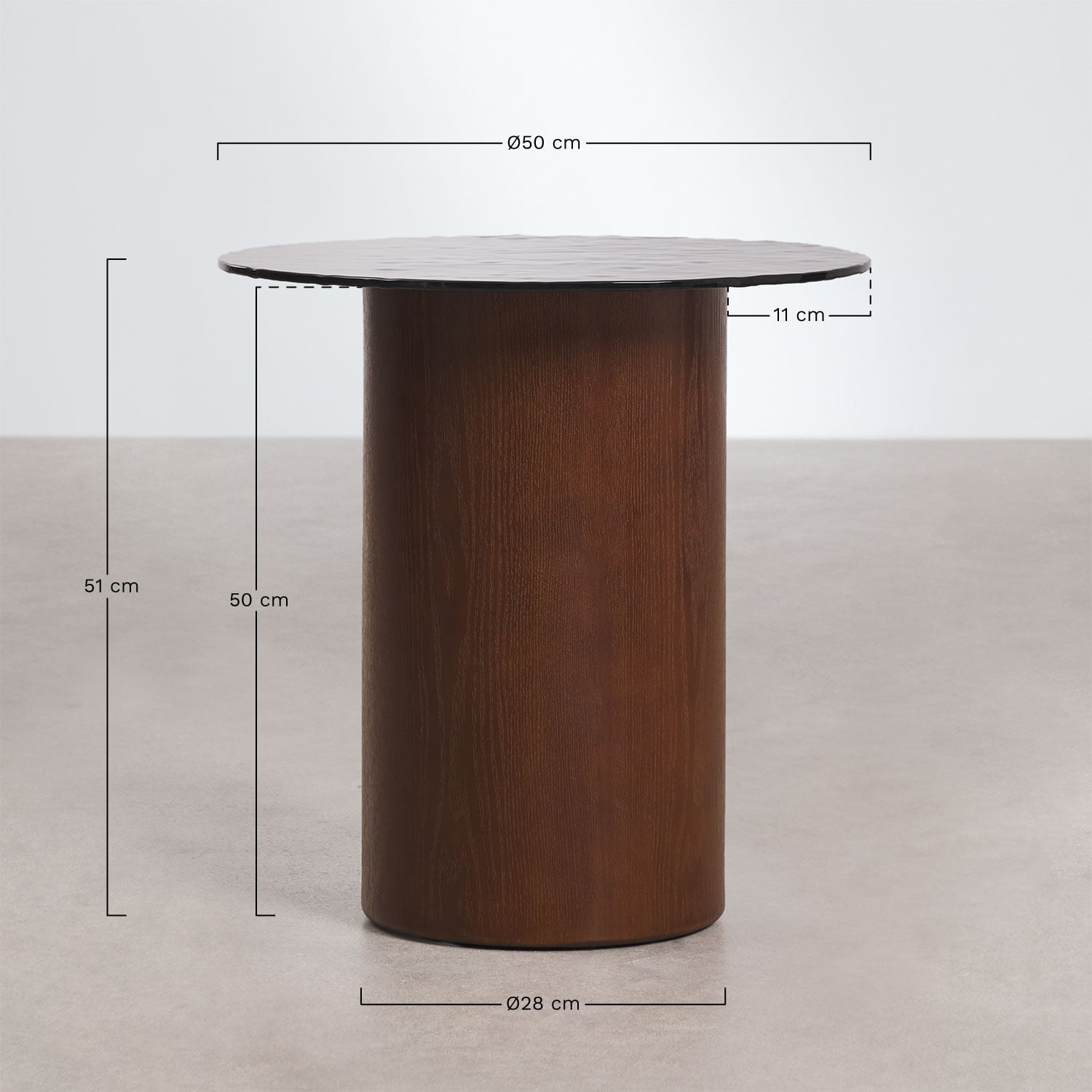 Mesa auxiliar redonda Ø50 cm en vidrio templado y MDF Asgri, medidas